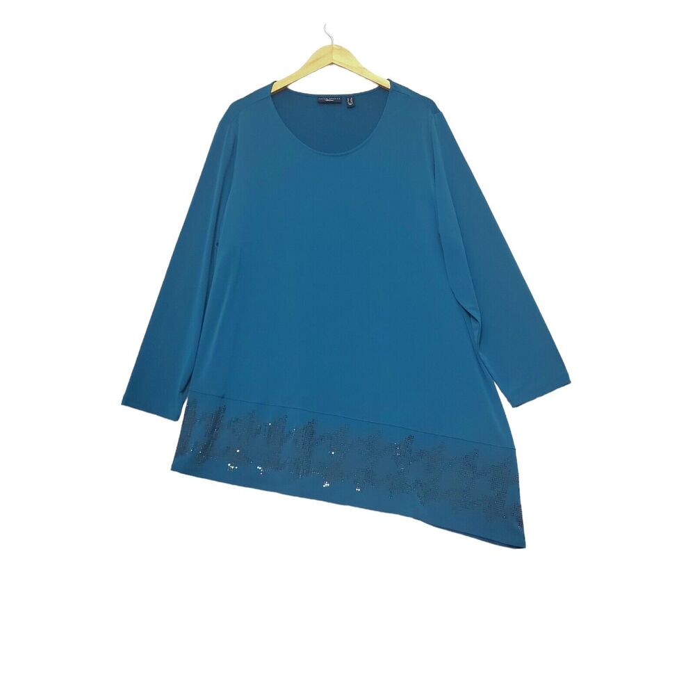 Susan Graver Artisan Tunic Top Plus 2X Gem Blue‎ Liquid Knit Long Sleeve Sequin